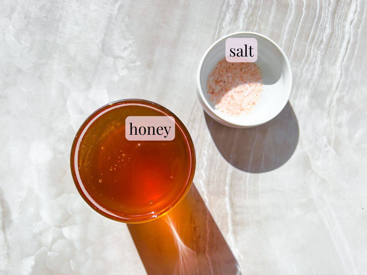 Whipped honey ingredients in bowls labeled.
