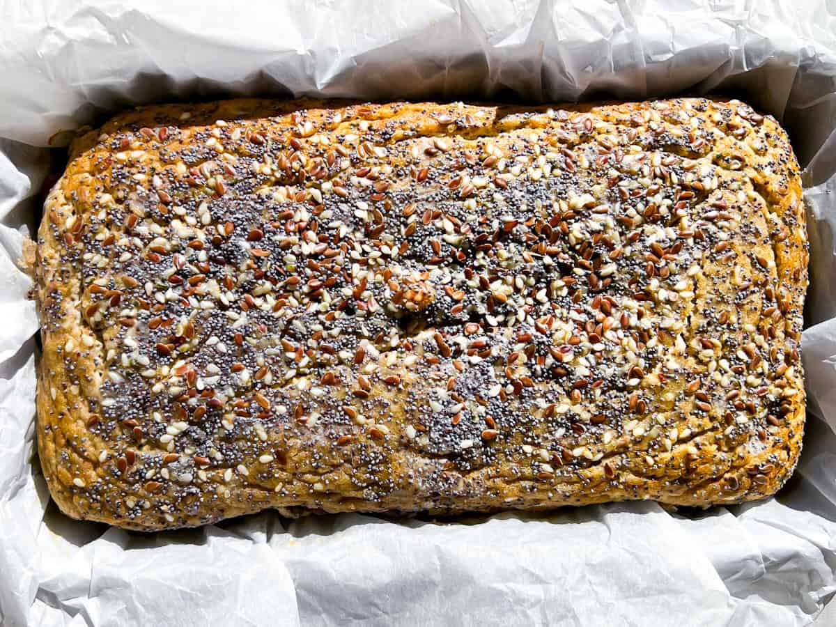 Fully baked buckwheat bread loaf.