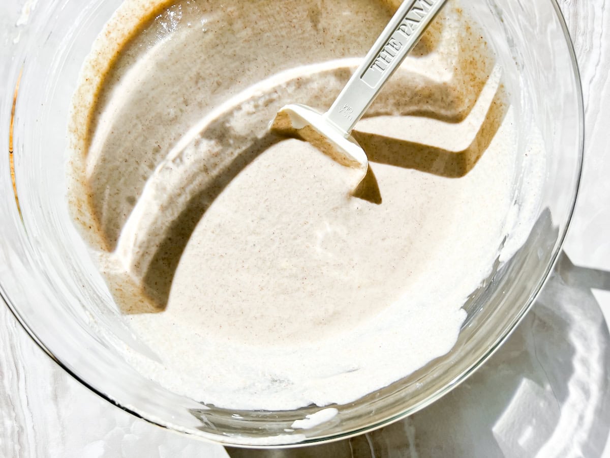 Buckwheat bread batter with all of the ingredients mixed.