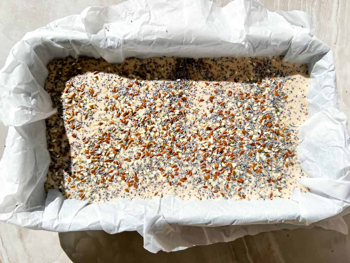 Buckwheat bread batter in the loaf pan ready to bake.