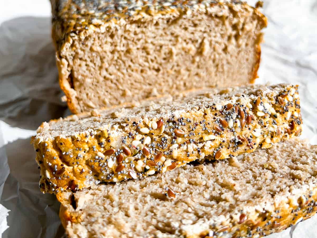 Loaf of buckwheat bread sliced.