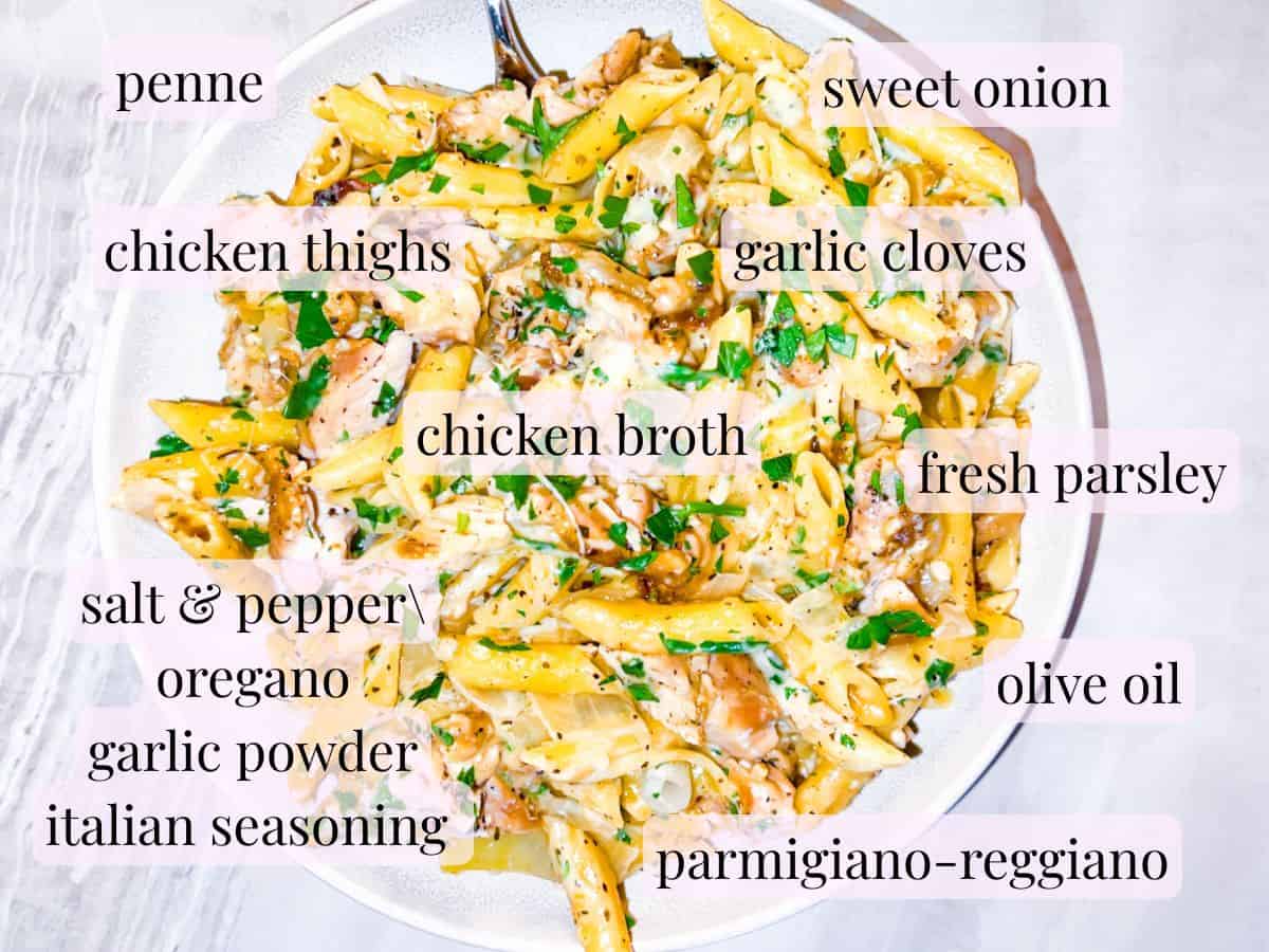 Garlic parmesan chicken pasta ingredients labeled.