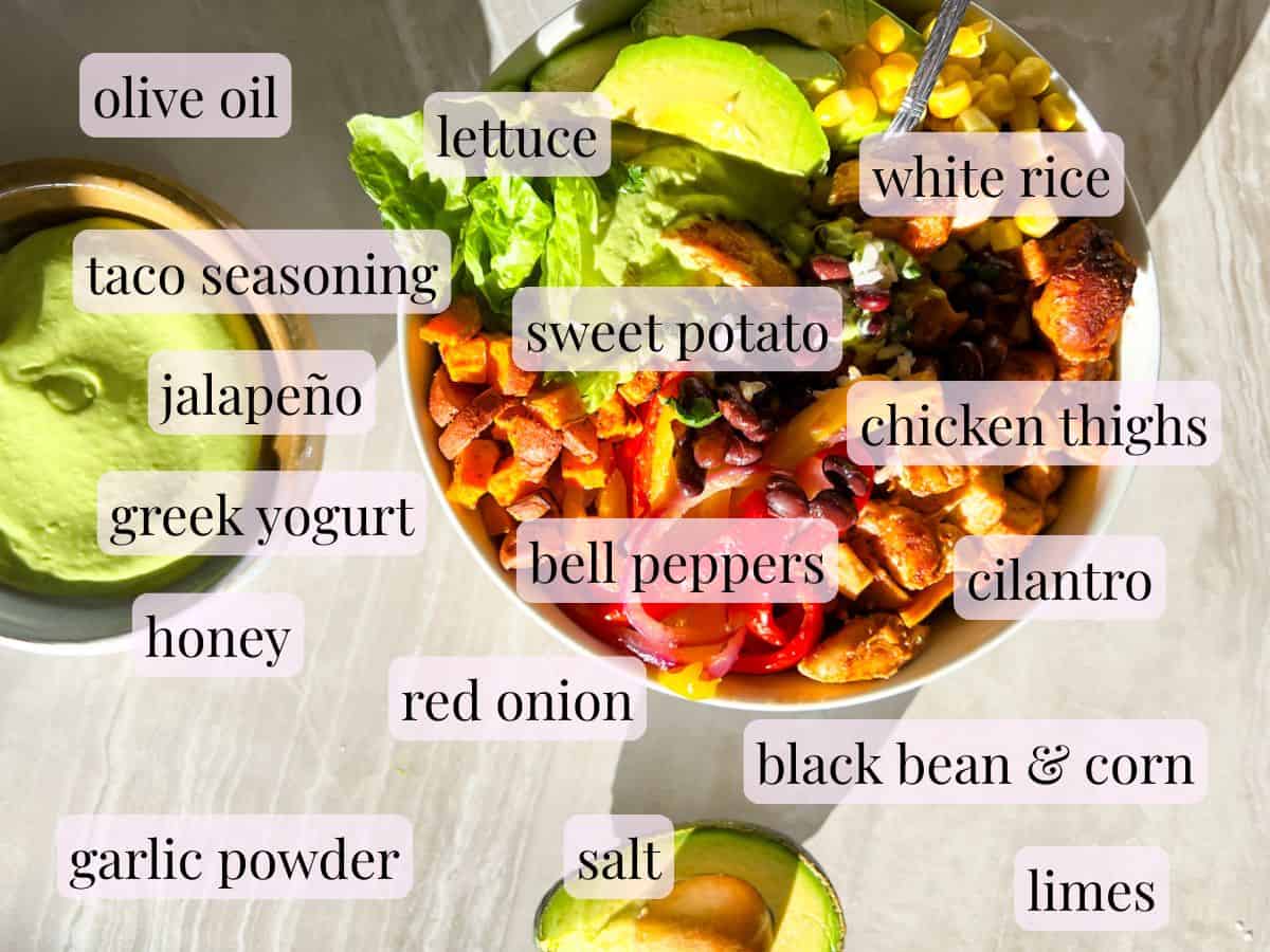 Southwest chicken bowl ingredients.