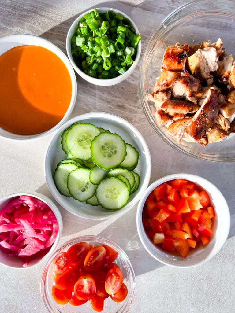 Buffalo chicken bowl ingredients.