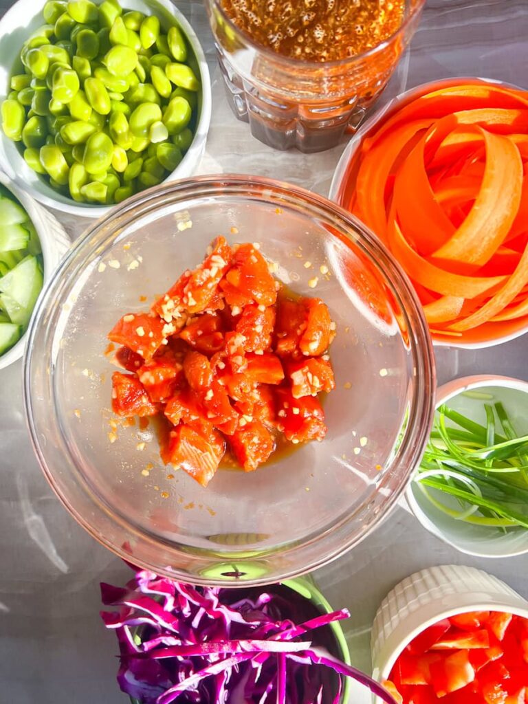 Poke bowl ingredients.