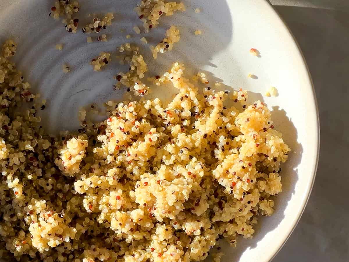 Cooked quinoa in a white bowl.