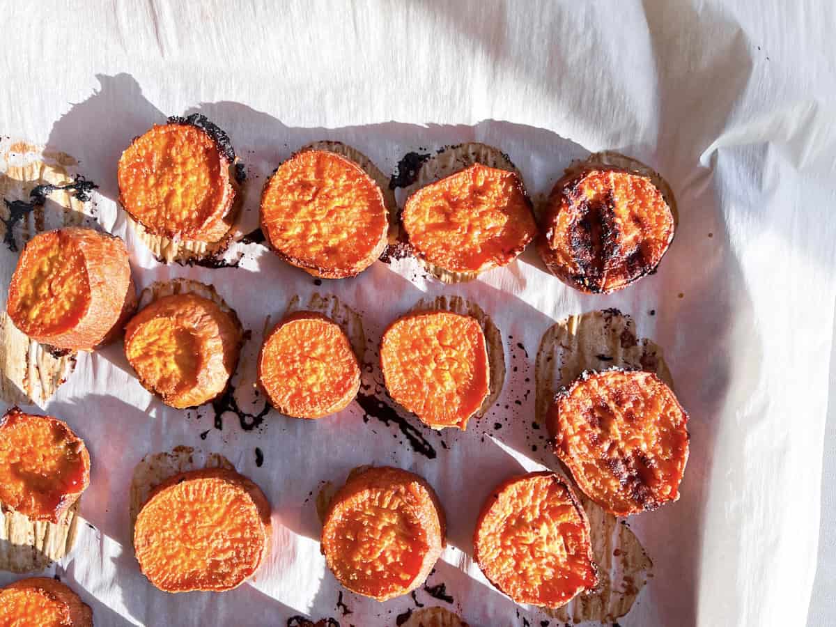 Sweet potatoes cut into rounds for the ancient grain bowls.
