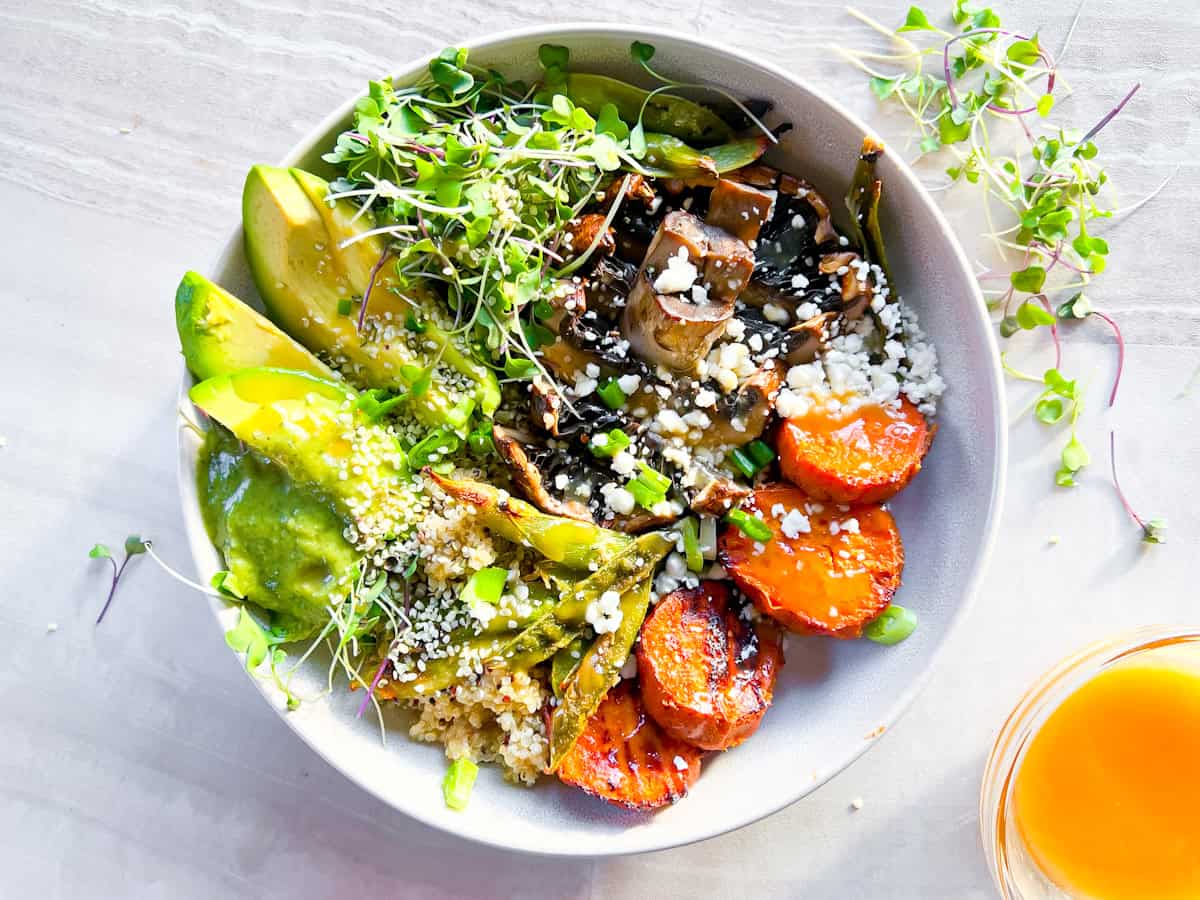 Finished photo of the ancient grains bowl.