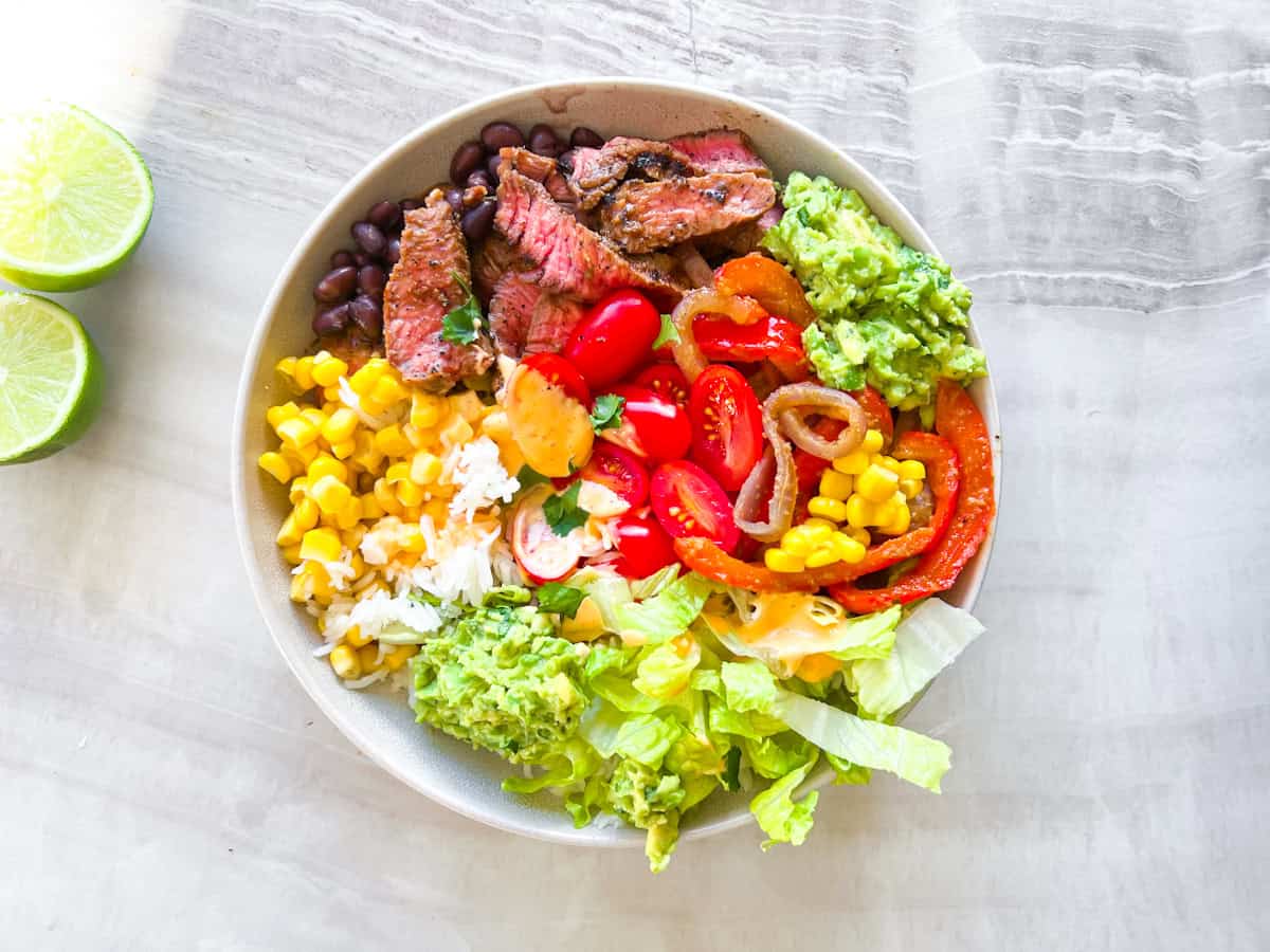 Finished steak and rice bowls.