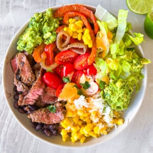 Finished steak and rice bowls.