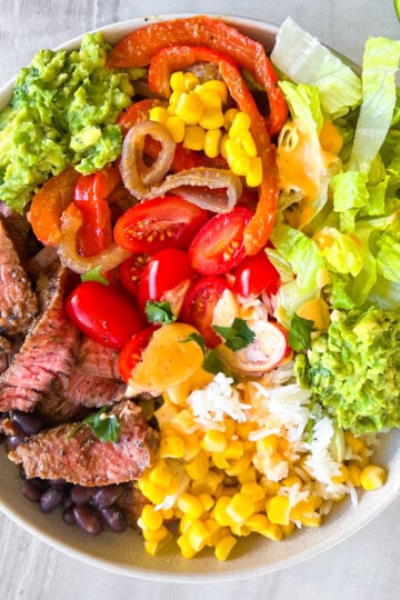 Finished steak and rice bowls.