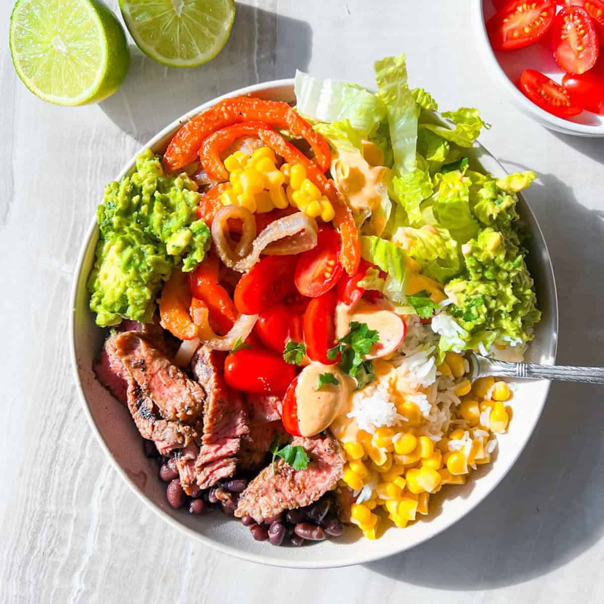 Finished steak and rice bowl.