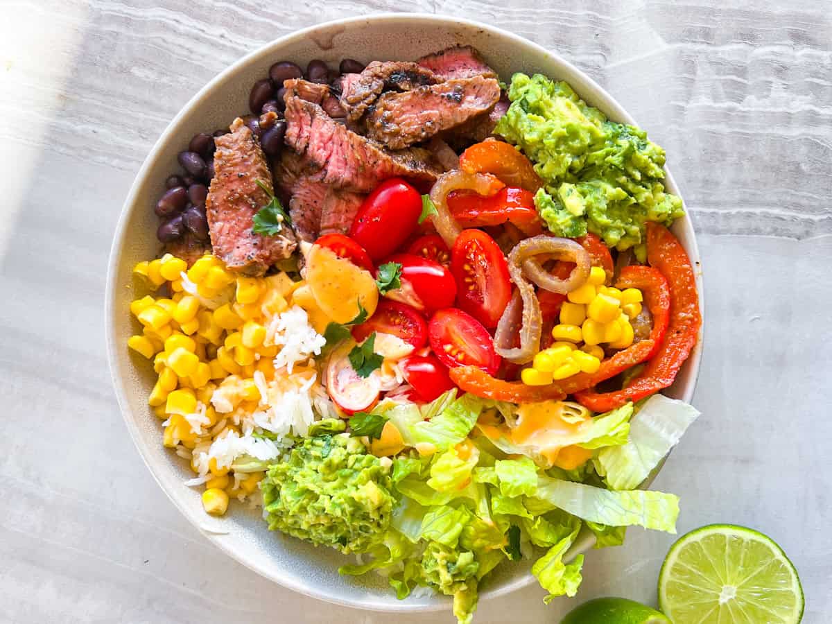 Finished steak and rice bowls.