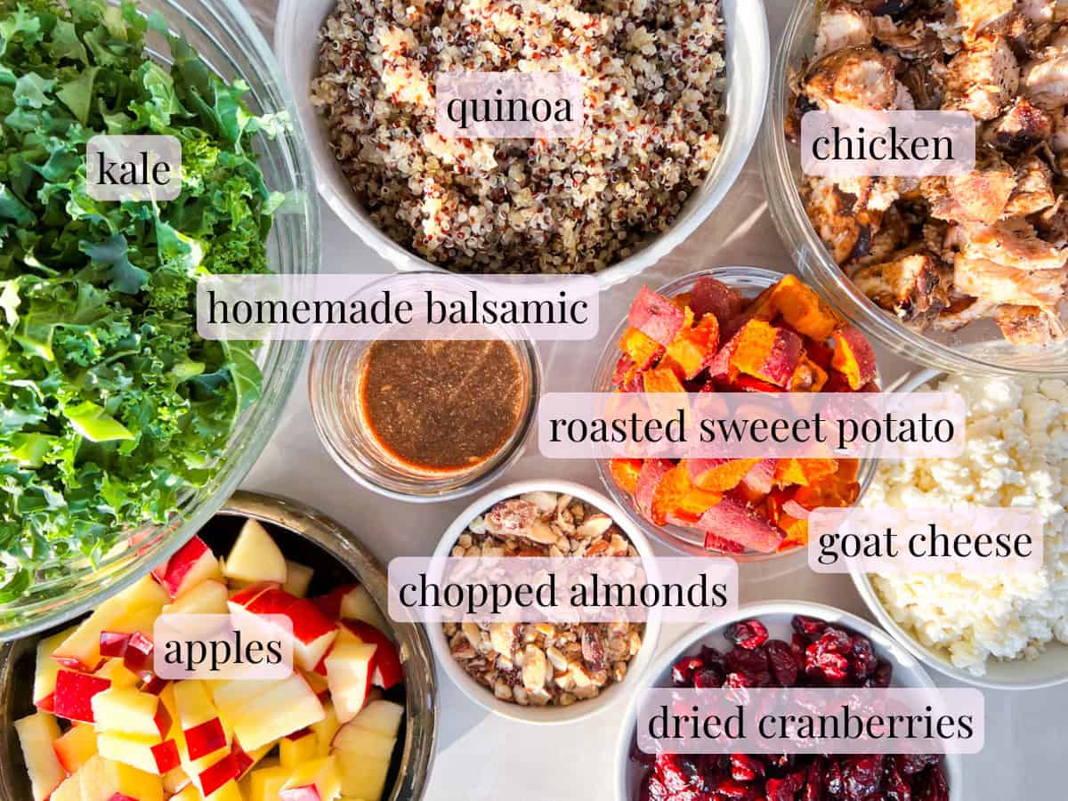 Ingredient photo of all the Sweetgreen Harvest Bowl toppings and ingredients.