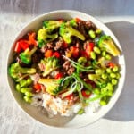 Finished teriyaki beef bowls.