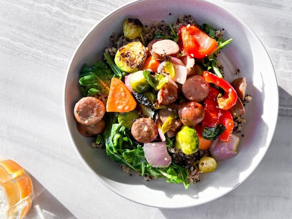 Chicken sausage sheet pan dinner.