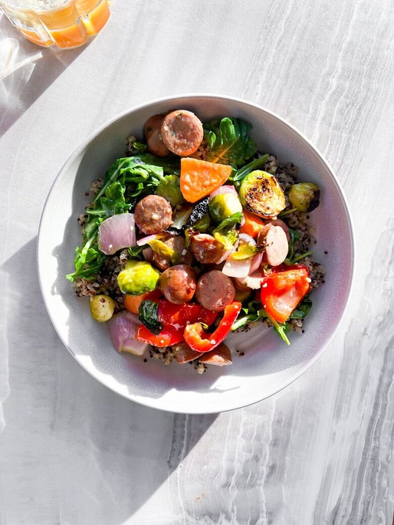 Chicken sausage sheet pan dinner.