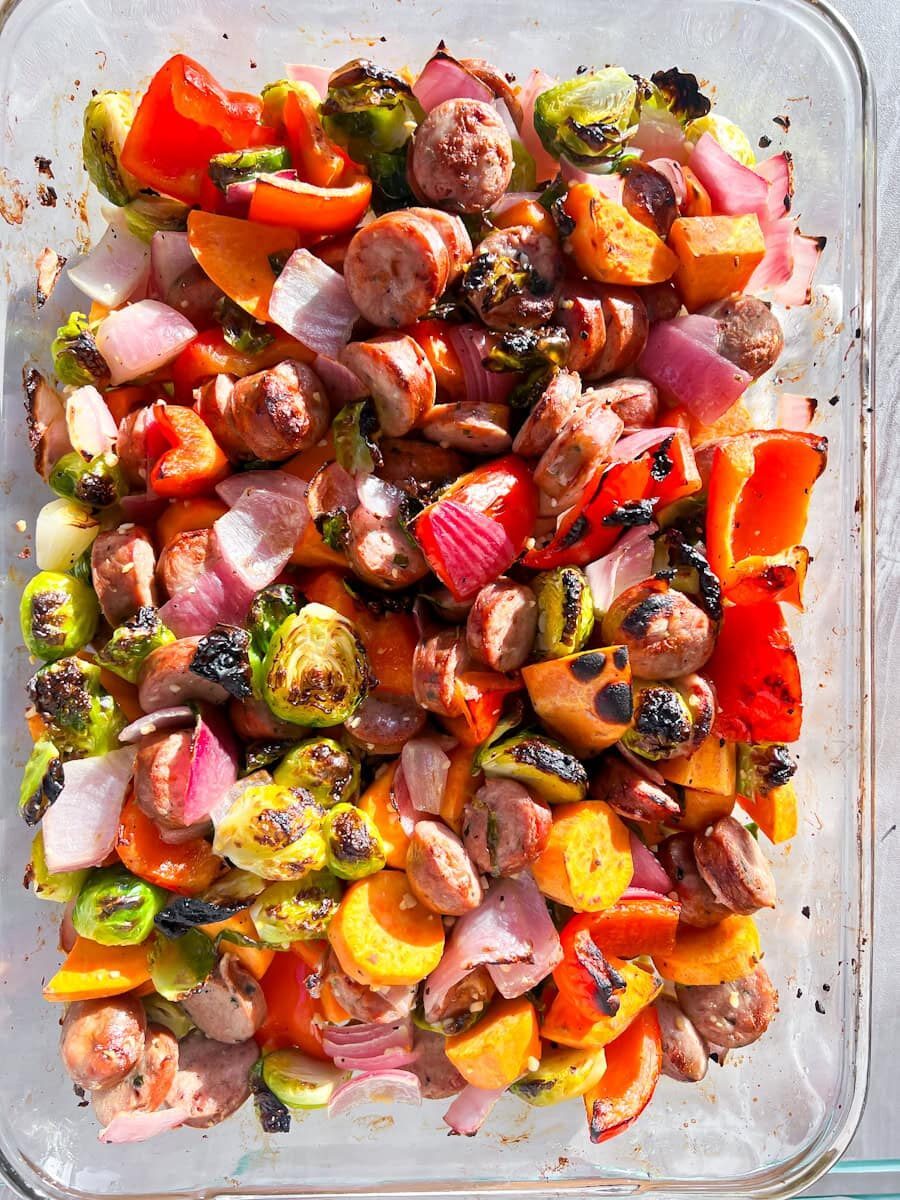 Sheet pan sausage dinner.