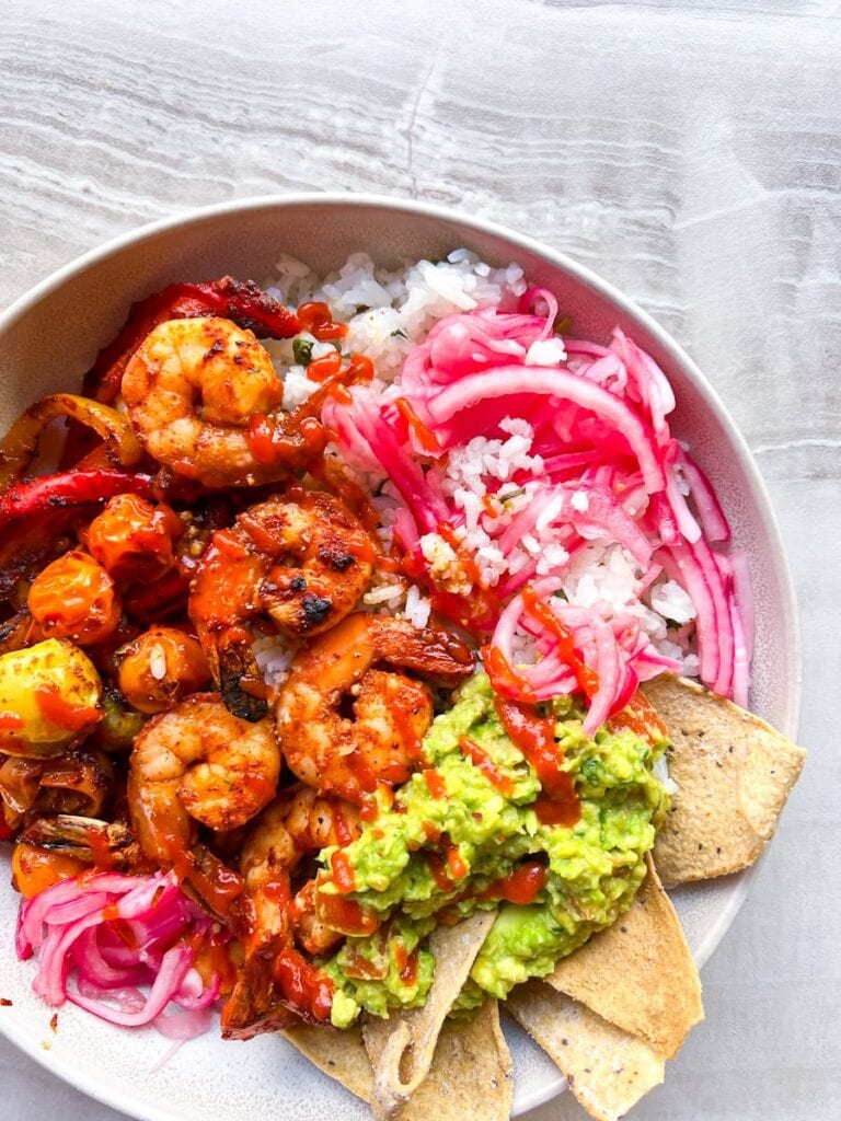 Finished blackened shrimp burrito bowl.