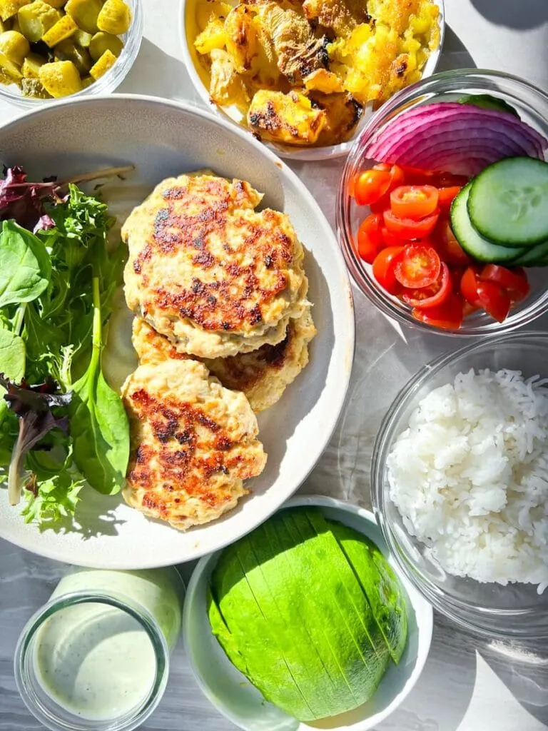 Burger bowl ingredients.