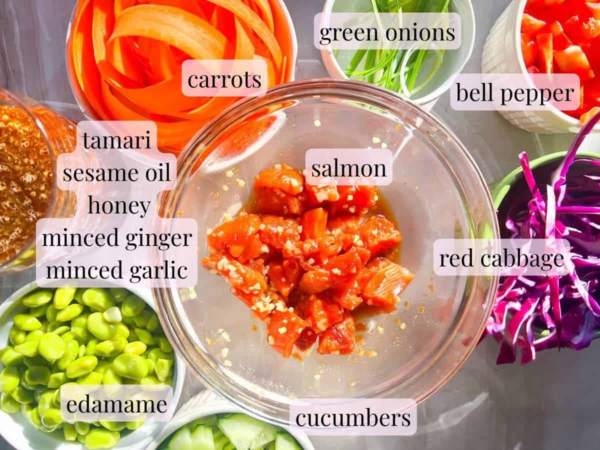 Cooked salmon poke bowl ingredients labeled and in bowls.