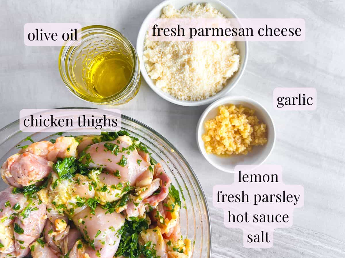 Ingredients for garlic parmesan chicken skewers.