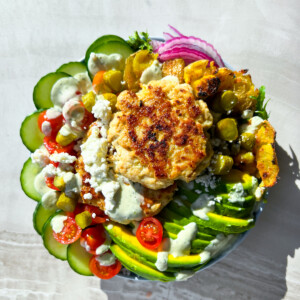 Finished healthy burger bowls.