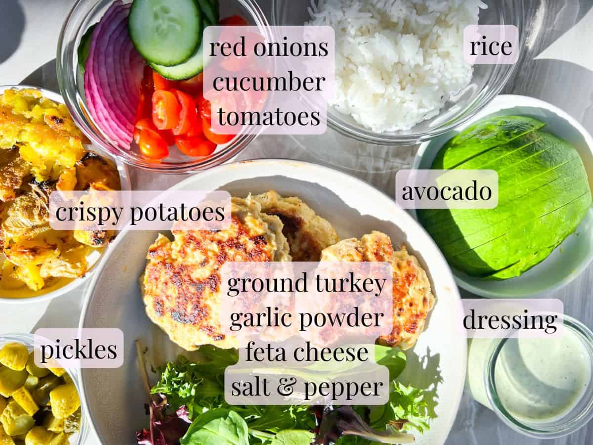 Healthy Burger bowls ingredients in bowls.