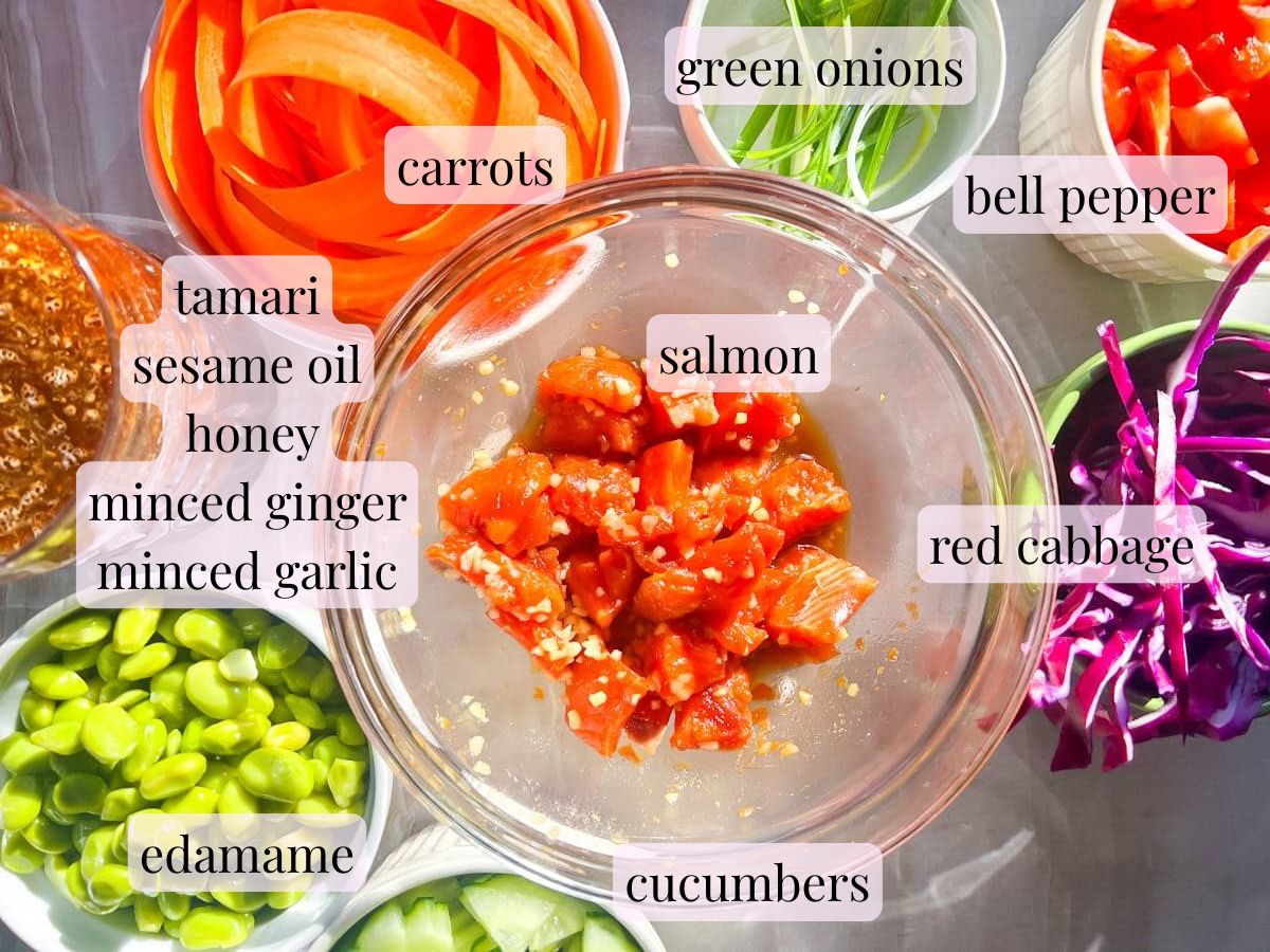 poke bowl ingredients labeled and in bowls.