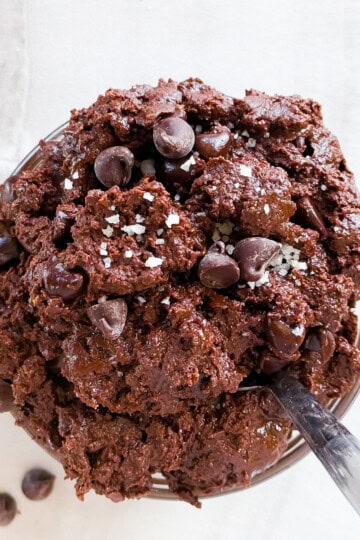 Finished edible brownie batter in a bowl.
