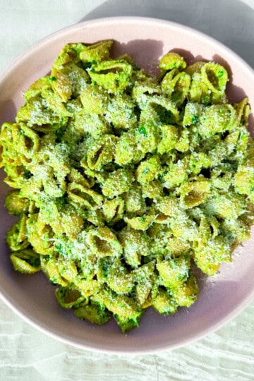 Pesto without pine nuts on gluten free pasta shells.