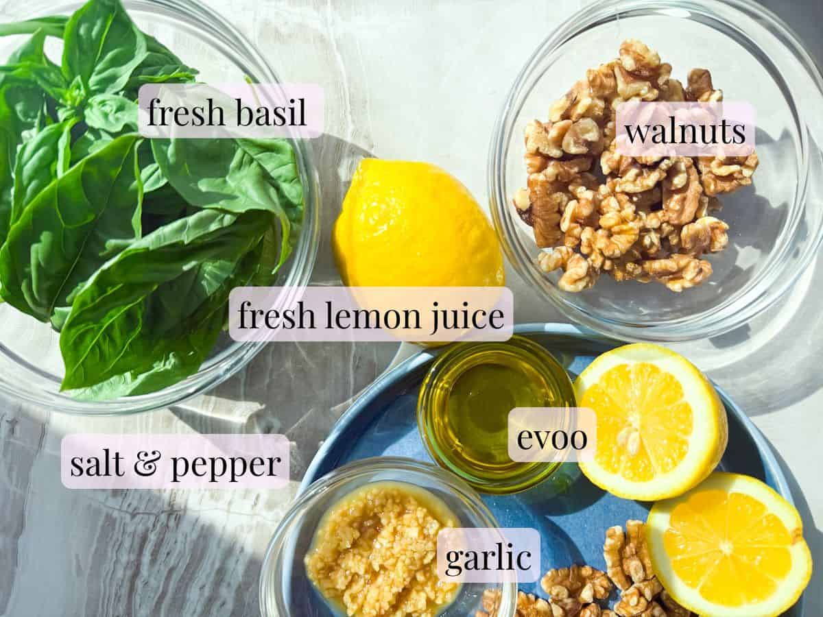 Pesto without pine nuts ingredients labeled.