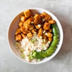 Finished crispy tofu bowls.