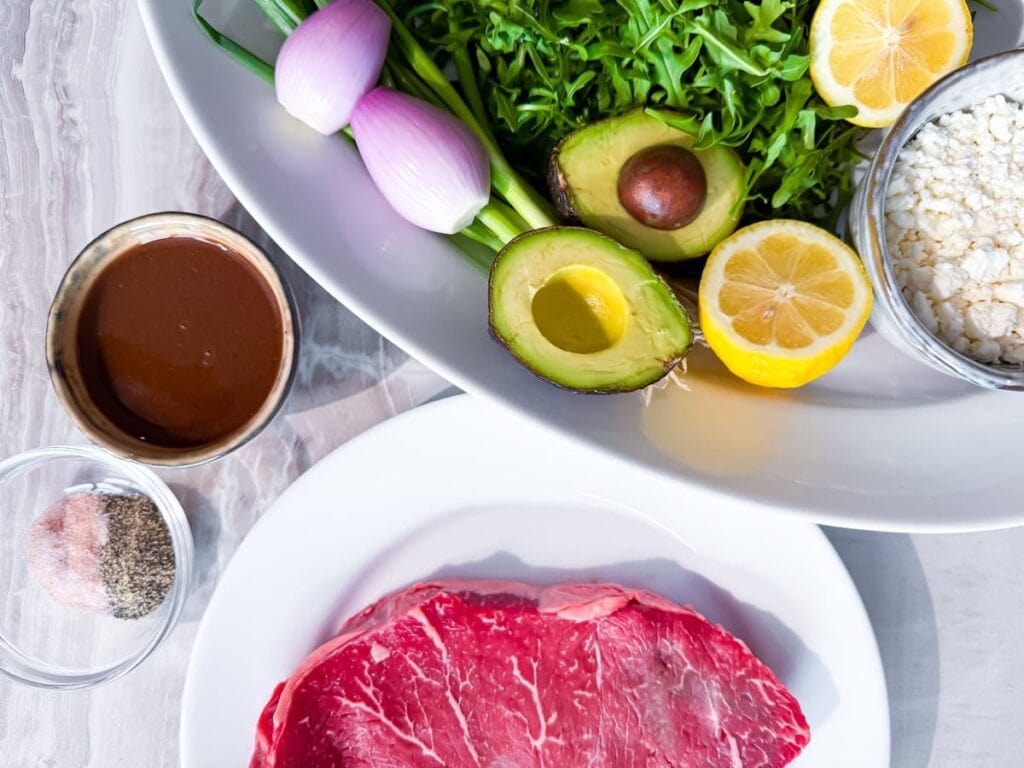 Steak salad ingredients.