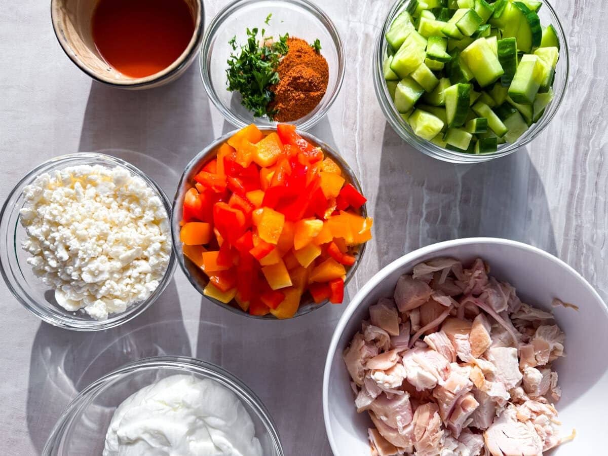 Ingredients for the high protein chicken salad.