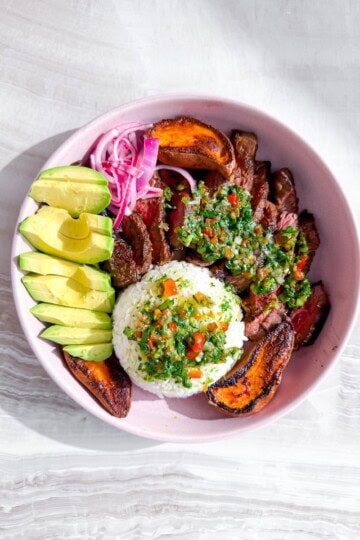 Steak and rice bowls.