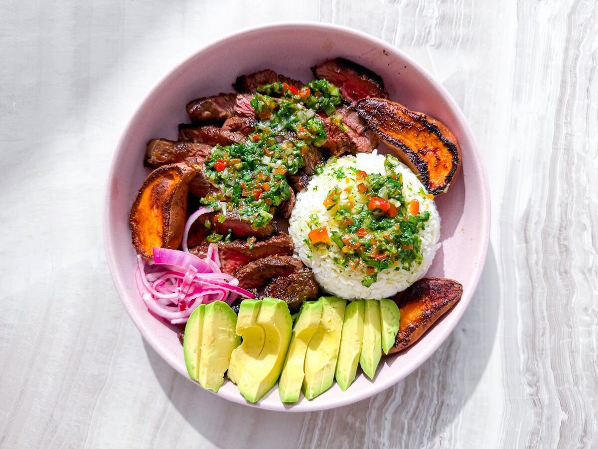 Steak and rice bowls.