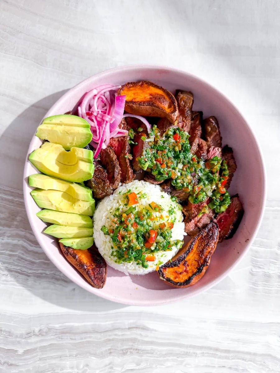 Steak and rice bowls.