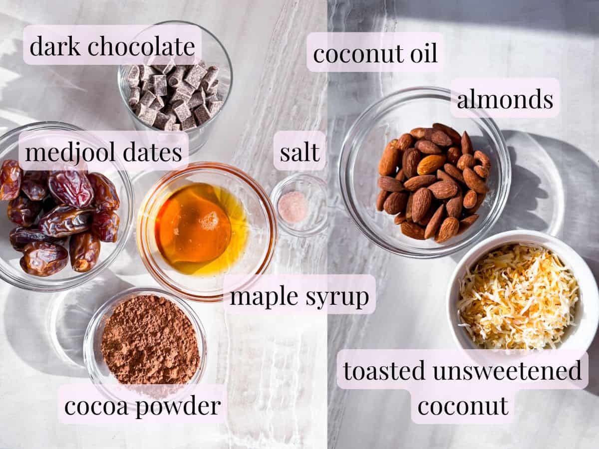 Ingredients for the candy dates in separate bowls and labeled.