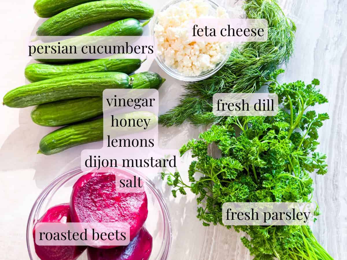 Ingredients for the cucumber beet salad labeled.
