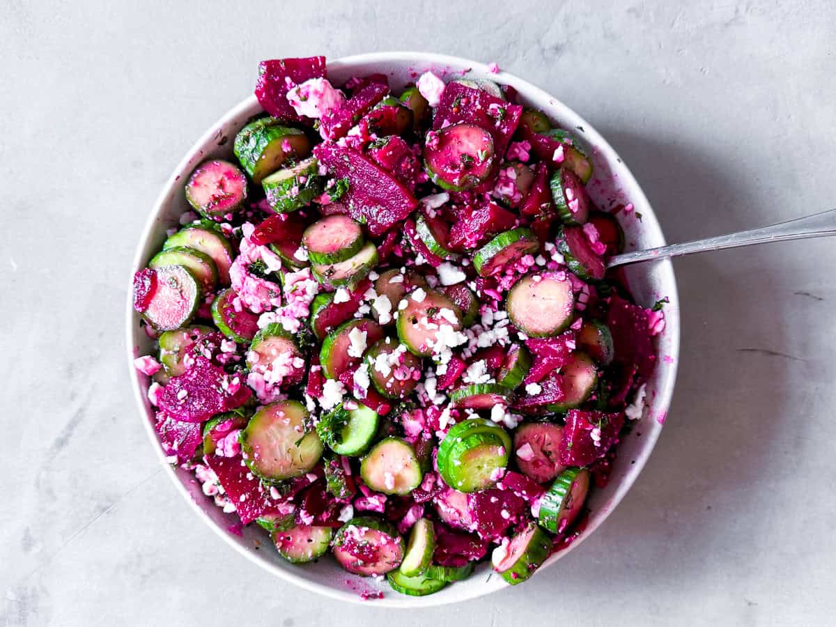 Finished and fully mixed beet salad.
