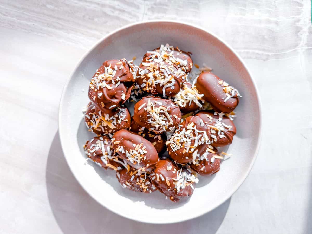 Finished date candy in a bowl.