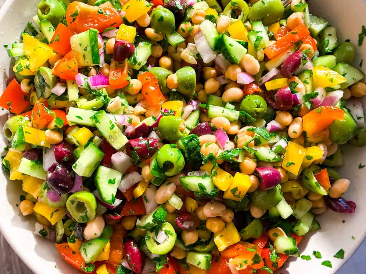 Finished dense bean salad in a bowl.