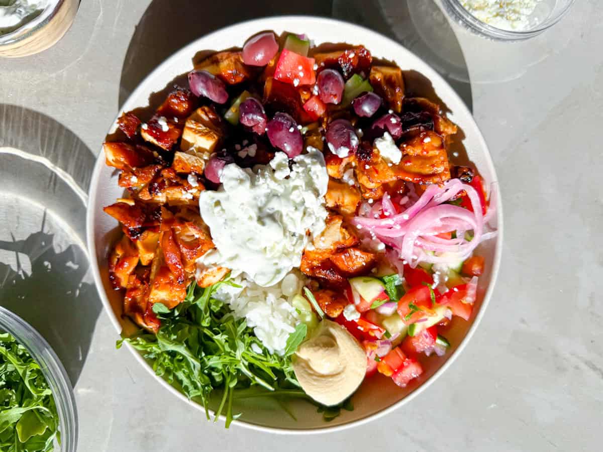 Finished harissa honey chicken bowls.