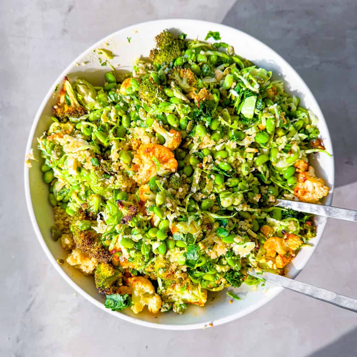 quinoa edamame salad finished in a white bowl.