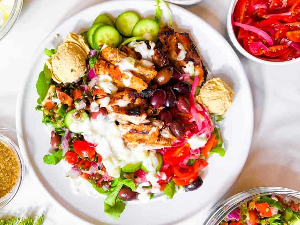 a Mediterranean style bowl on a white plate. 