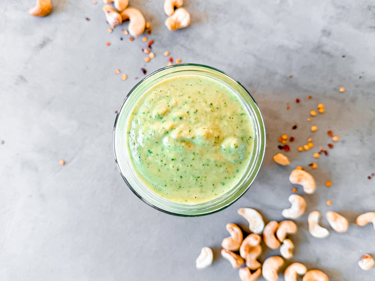 Finished overhead shot of Sweetgreen Spicy Cashew dressing in a jar. 