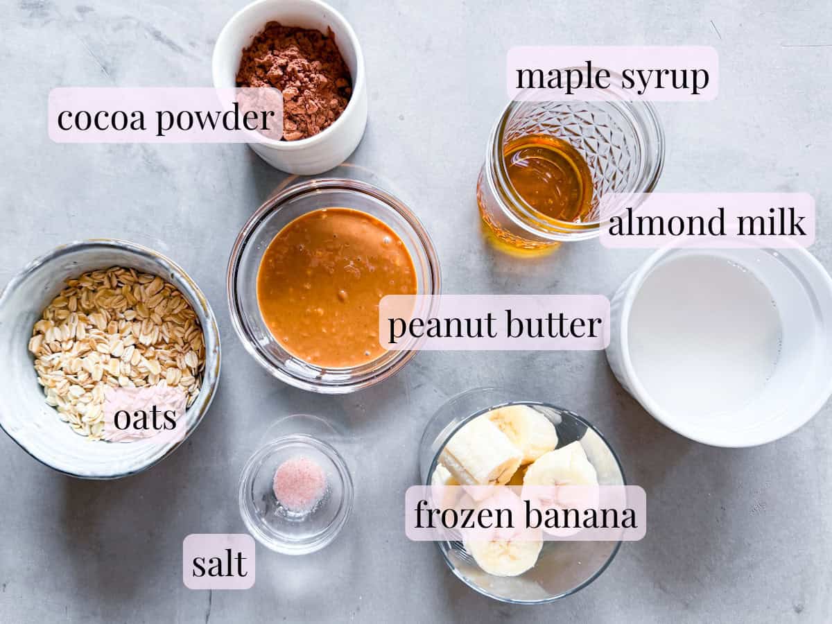 Labeled ingredients for the chocolate pb banana smoothie.