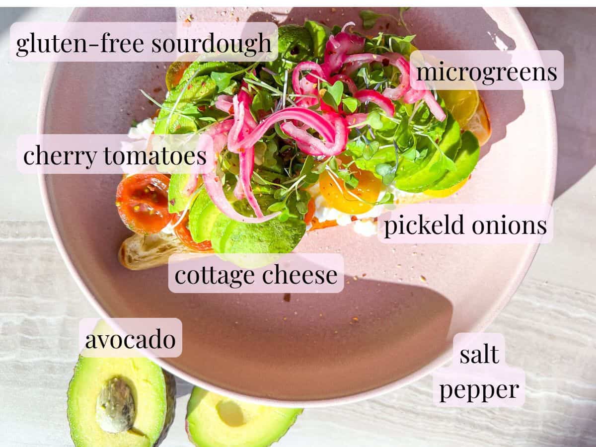 Labeled ingredients for the avocado cottage cheese toast.