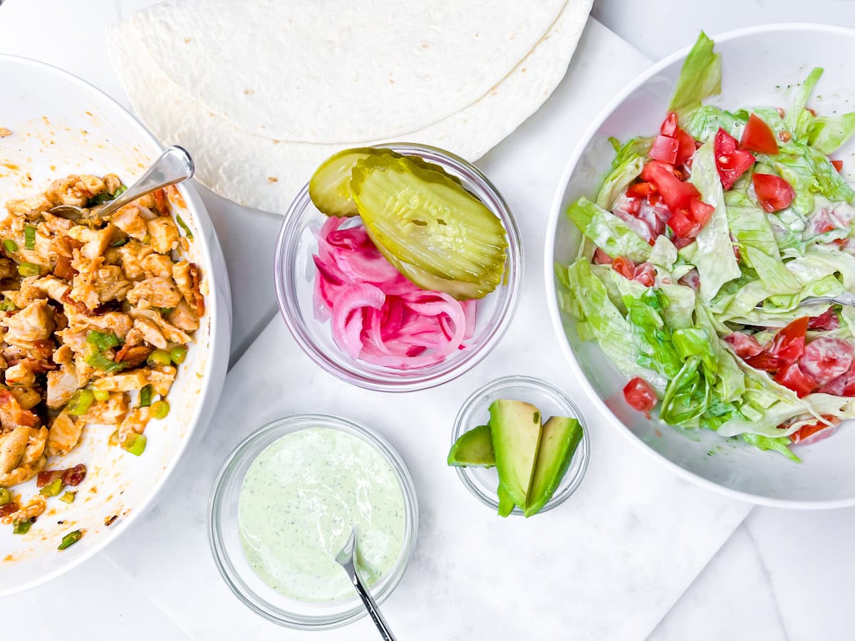 All of the ingredients for the buffalo chicken wrap.